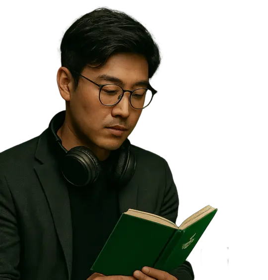 Man wearing glasses and headphones around his neck, reading a green book.